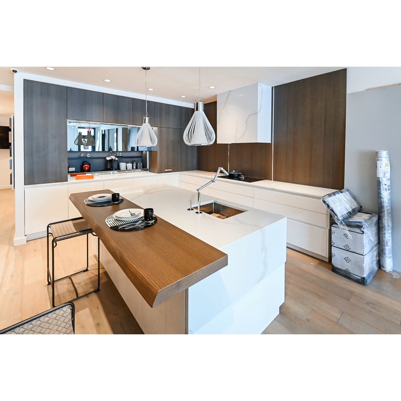 Composit Modern White & Brown Wood Veneer Kitchen with Enigma Countertops and Wolf Cooktop