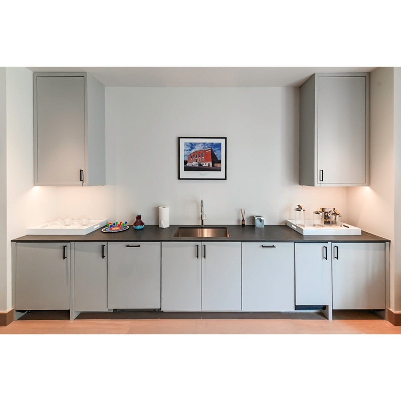Custom Modern Light Grey Wet Bar with Black Stone Countertops & Appliances