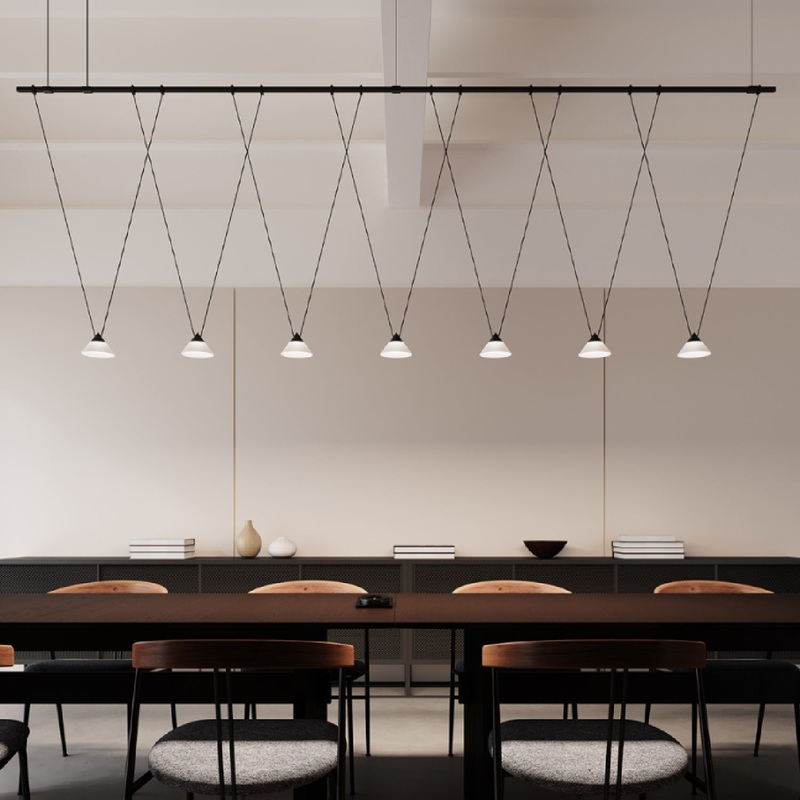 Suspenders / 8′ Linear 1-Tier with V-Line Etched Glass Cone Pendant Lights / Satin Black