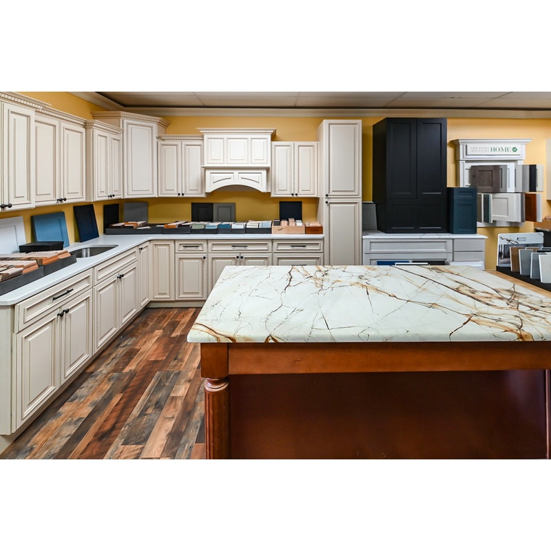 Light Cream Kitchen Corner with Quartz Countertops and Marble Top Island