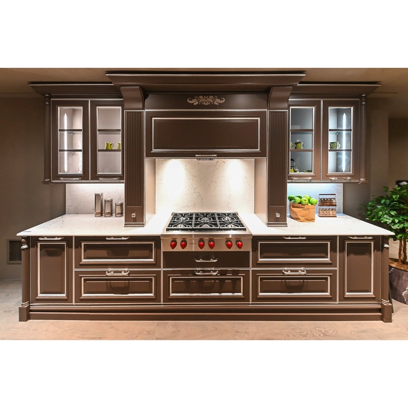 Cesar Traditional Classic Brown Cooking Station with Wolf Rangetop and Caesarstone Countertops