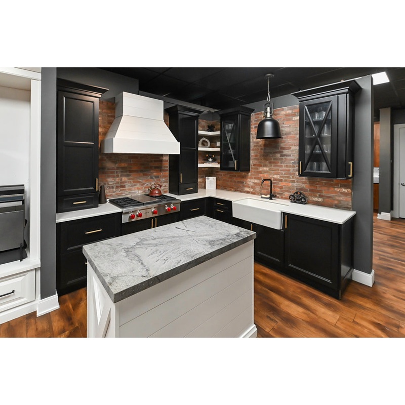 Showplace Black and White Industrial Kitchen with Island and Bonus Bench Area