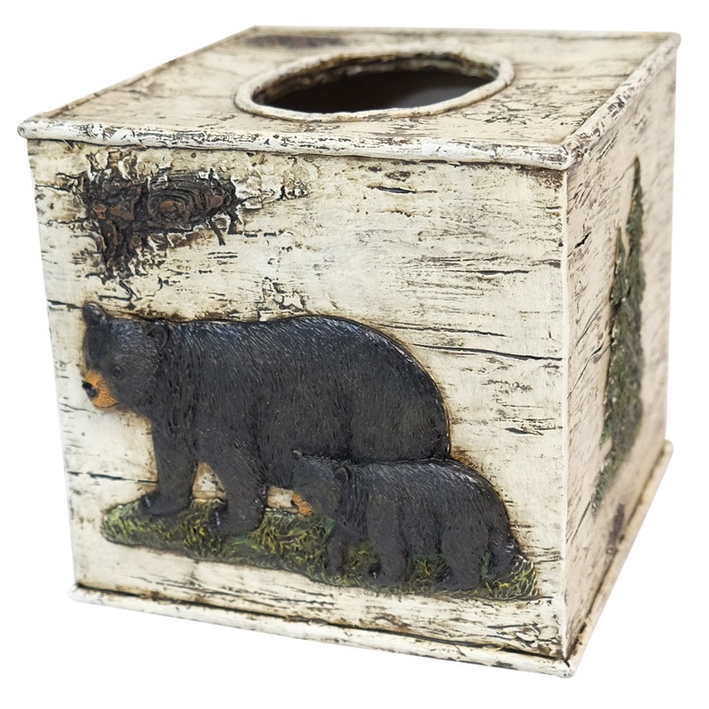 Schroeder Black Bear Family on Polyresin Birch Wood Background Square Tissue Box Cover Loon Peak