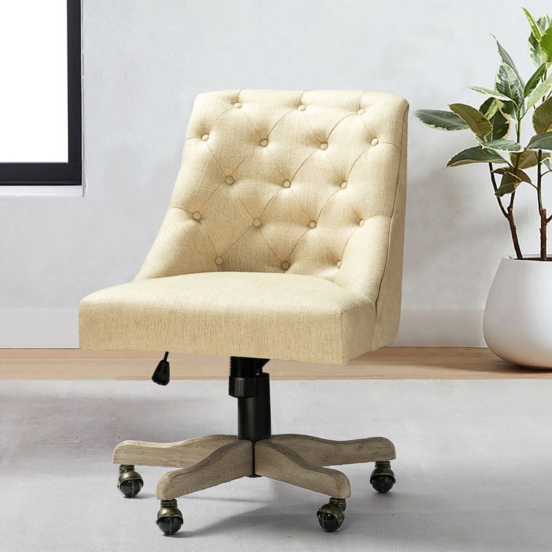 Vail 38.5” H Farmhouse Tilting Task Chair with Solid Wood Base and Button-tufted Sand & Stable Upholstery Color: Linen