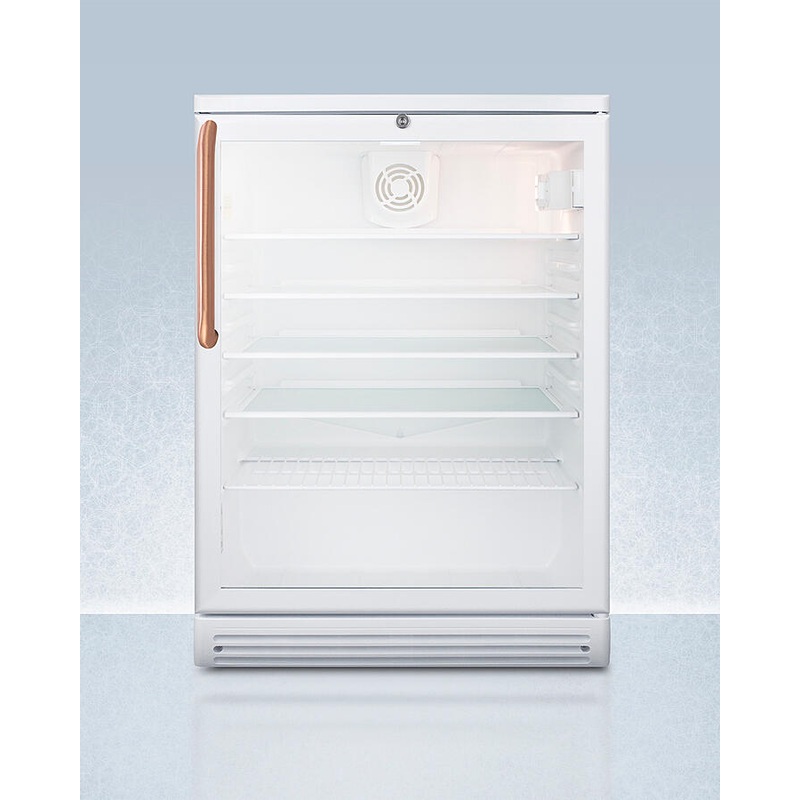 Summit SCR600GLTBC Commercially Listed 5.5 Cu.Ft. Counter Height Beverage Center In A 24″ Footprint, With Pure Copper Handle, White Cabinet, Glass Door, And Lock