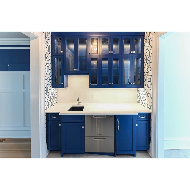 Gemcraft Navy Blue Pantry with White Quartz Countertops and Sub-Zero Tall Wine Cooler