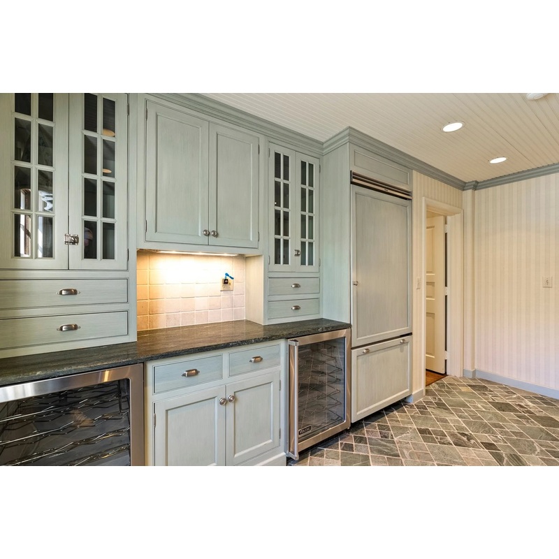 Traditional Washed Out Light Green Butler’s Pantry with Granite Countertops and Viking Appliances