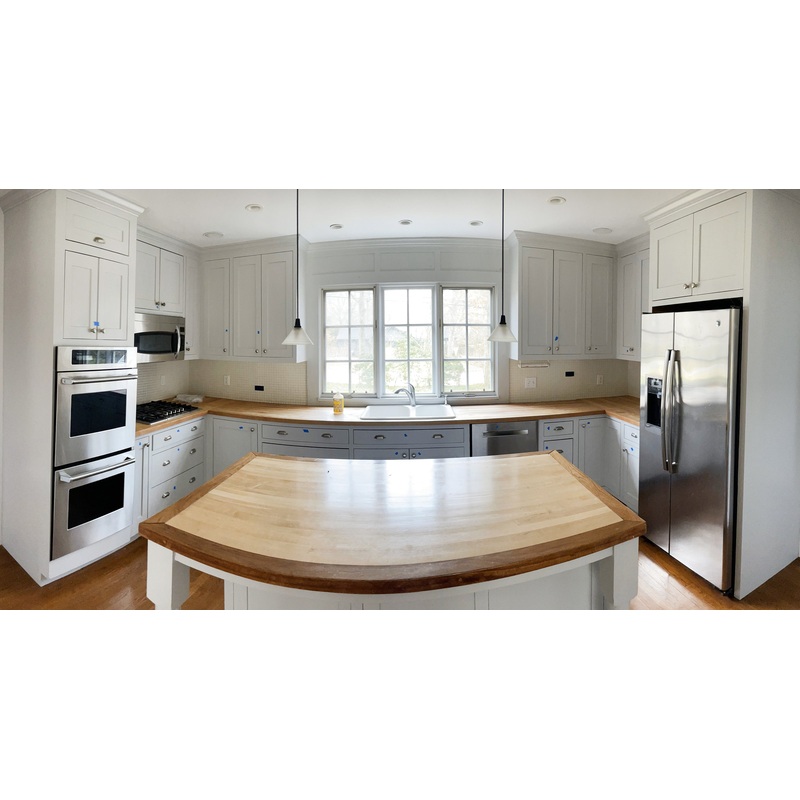 Traditional Grey Kitchen with Island and Wood Countertops