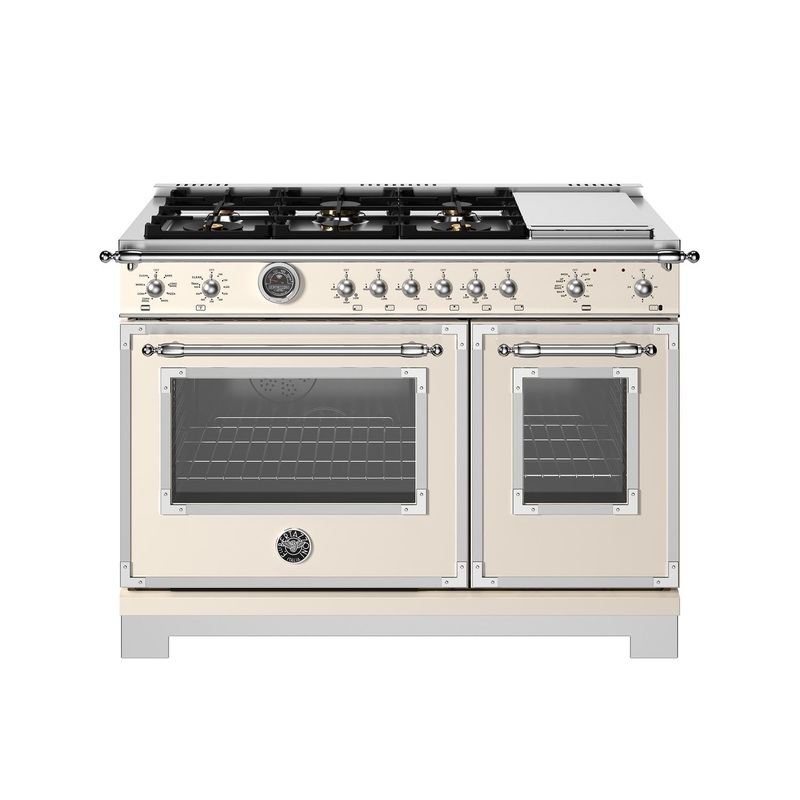 Bertazzoni HER486BTFEPAVT 48 Inch Dual Fuel Range, 6 Brass Burners And Griddle, Electric Self-Clean Oven Avorio