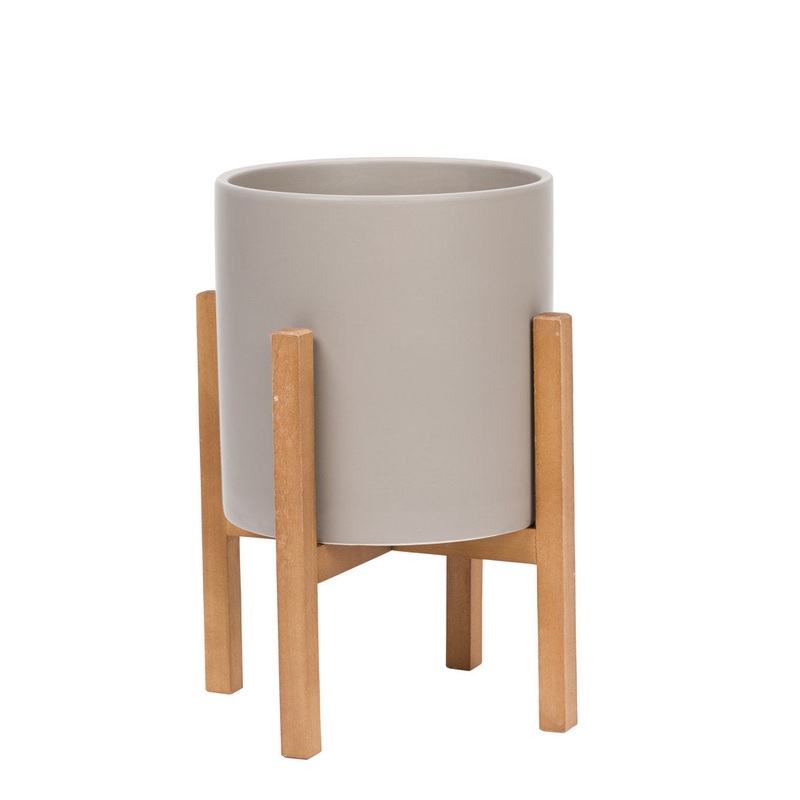 Surles Round Modern Ceramic Indoor Pot Planter with Wood Legs Mercury Row Color: Gray Size: 16″ H x 11″ W x 11″ D