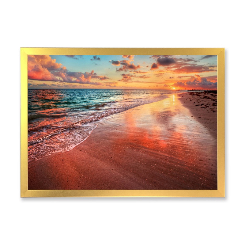 Sunset over an Ocean Beach Shore II – Photograph on Canvas East Urban Home Size: 12″ H x 20″ W x 1″ D Format: Gold Closed Corner Framed