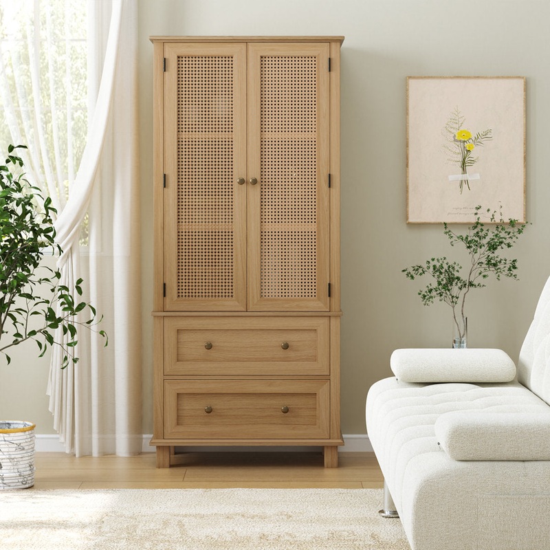 2-Door 2-Drawer Tall Locker With Faux Rattan And Faux Solid Wood Surface, 64.4″H X 28.54″W X 15″D Bay Isle Home Color: Brown