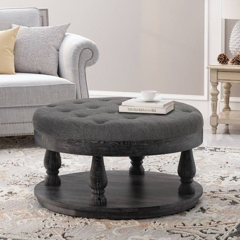 Tawney 40″ Wide Tufted Round Cocktail Ottoman with Storage Rosalind Wheeler Leg Color: Gray Body Fabric: Charcoal Fabric