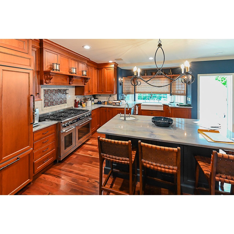 Plain & Fancy Traditional Wooden Kitchen with Island, Quartz Countertops & Appliances