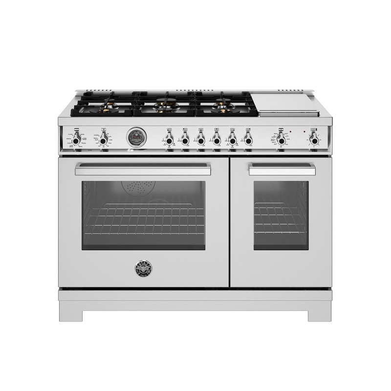 Bertazzoni PRO486BTFEPXT 48 Inch Dual Fuel Range, 6 Brass Burners And Griddle, Electric Self-Clean Oven Stainless Steel