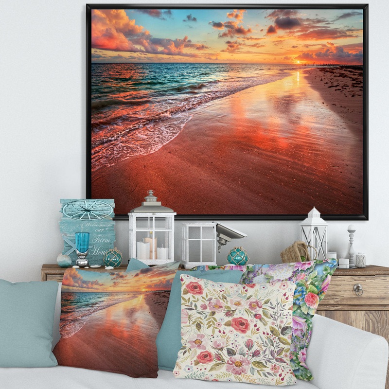 Sunset over an Ocean Beach Shore II – Photograph on Canvas East Urban Home Size: 16″ H x 32″ W x 1″ D Format: Black Floater Framed