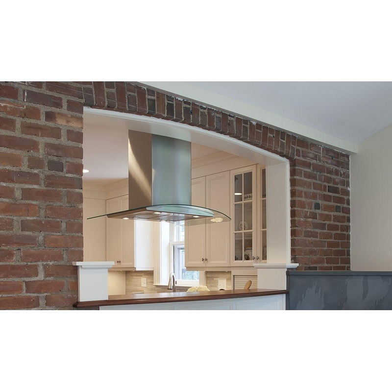 Faber TRATIS36SSV 36″ glass island hood with Variable Air Management