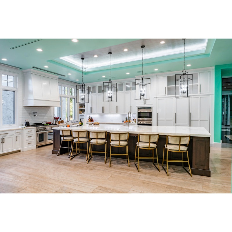 Transitional White Kitchen with Marble Countertops and Grand Island with Seating