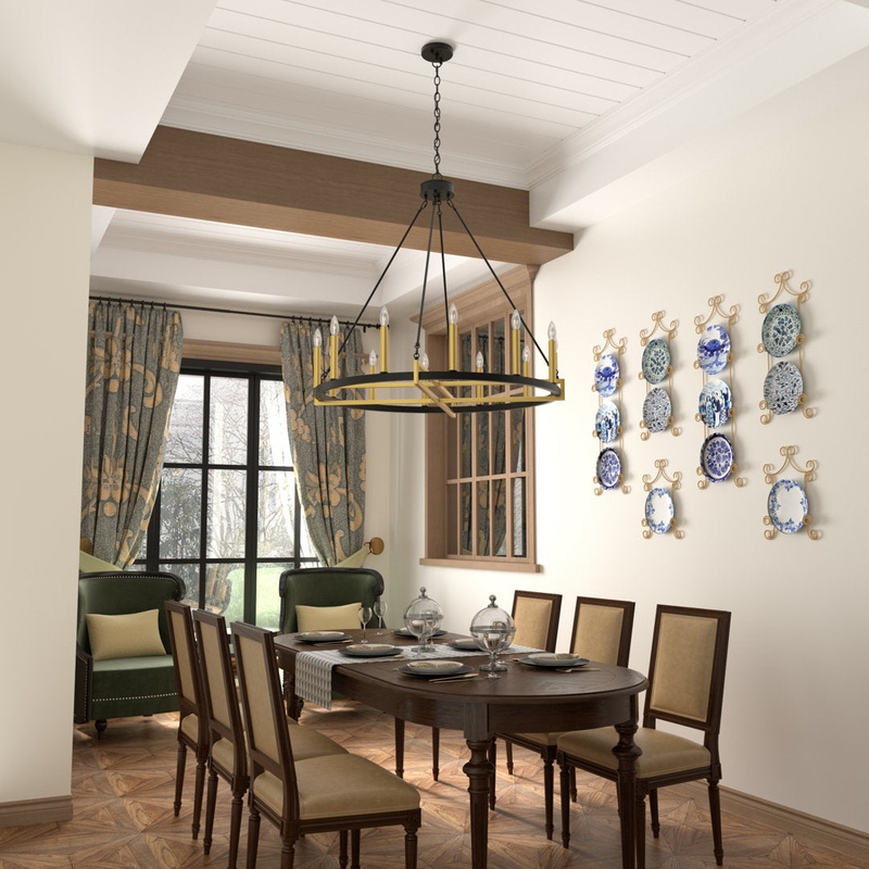 Avalee 12 – Light Living Room Steel Dimmable Wagon Wheel Chandelier UL Certified Lark Manor Finish: Classic Black/Contemporary Brass