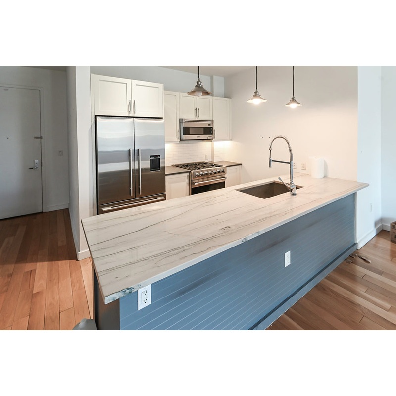 Imperia White Transitional Kitchen with Dark Grey Island, Marble & Stone Counters and Appliances