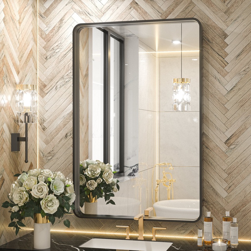 Tyro Bathroom Decorative Home Dcor Corner Hangs Bathroom Mirror Latitude Run Size: 24″ x 18″ Finish: Matte Black, Shape: Rectangle