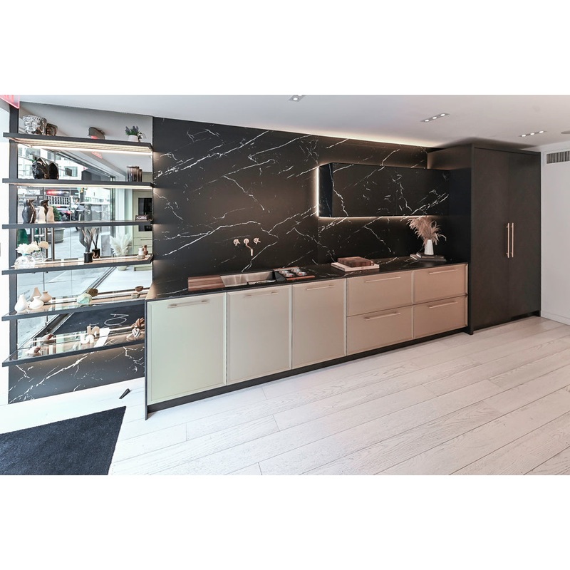DOCA Modern Light Gold & Black Kitchen Wall Display with Neolith Countertops