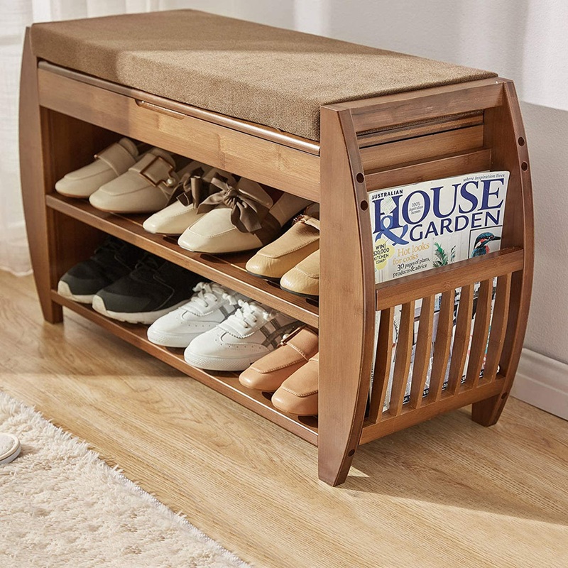 Bamboo Entryway Detachable Cushion Shoe Storage Bench Loon Peak
