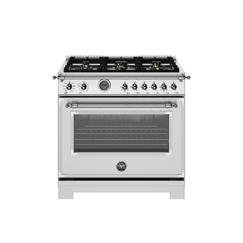 Bertazzoni HER366BCFEPXT 36 Inch Dual Fuel Range, 6 Brass Burner And Cast Iron Griddle, Electric Self-Clean Oven Stainless Steel