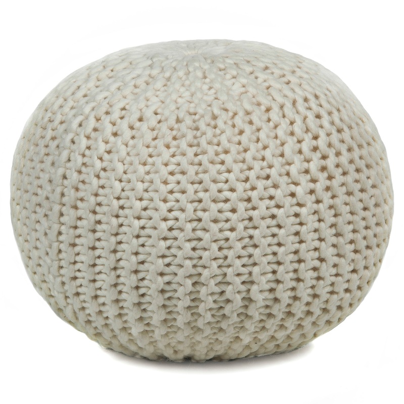 Textured Contemporary Wool Pouf – Ivory