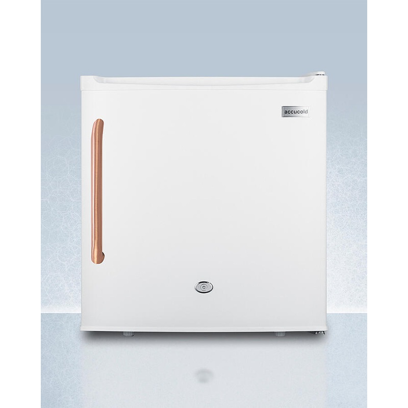 Summit FFAR23LTBC Compact 1.7 Cu.Ft. All-Refrigerator In White With Pure Copper Handle, Automatic Defrost, Front Lock, And Flat Door Liner