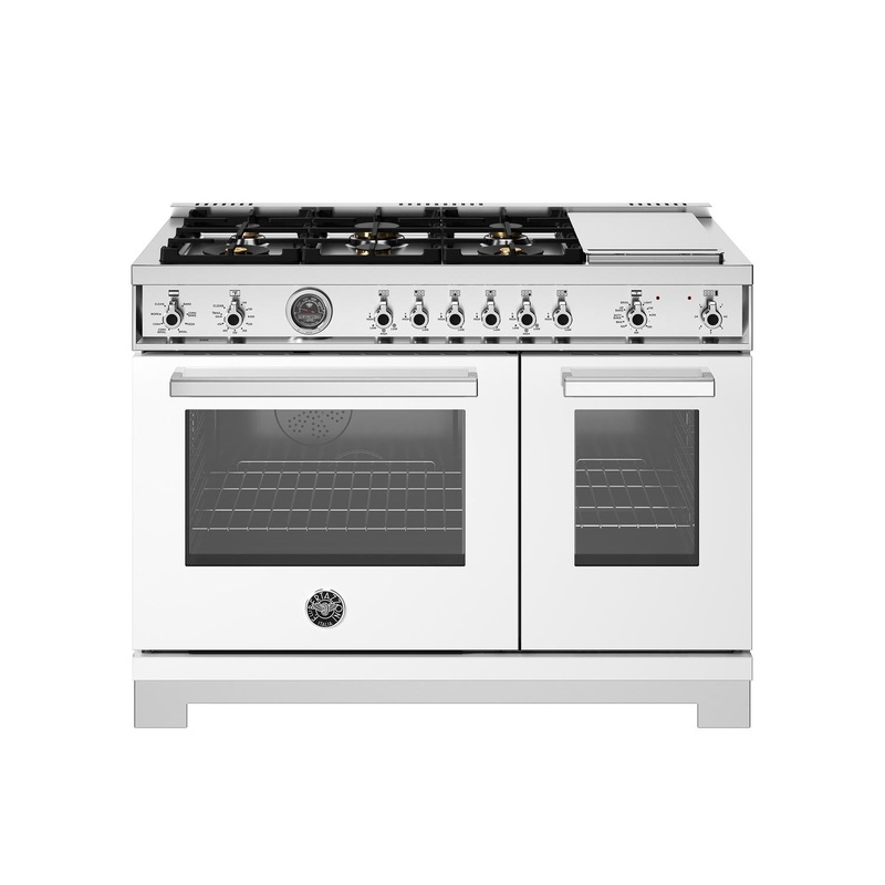 Bertazzoni PRO486BTFEPBIT 48 Inch Dual Fuel Range, 6 Brass Burners And Griddle, Electric Self-Clean Oven Bianco