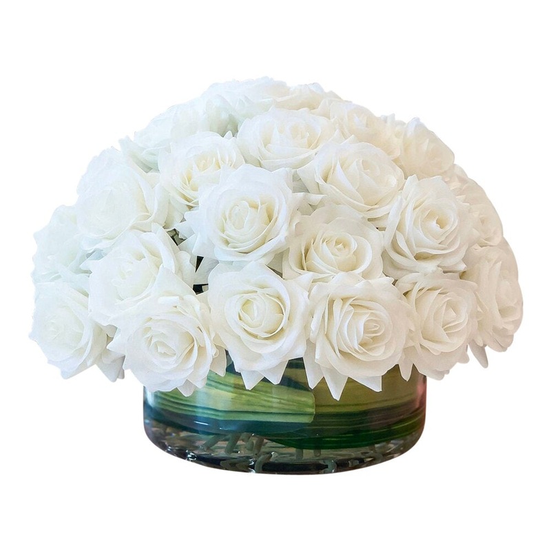 White Real Touch Rose Arrangement In Round Glass Vase