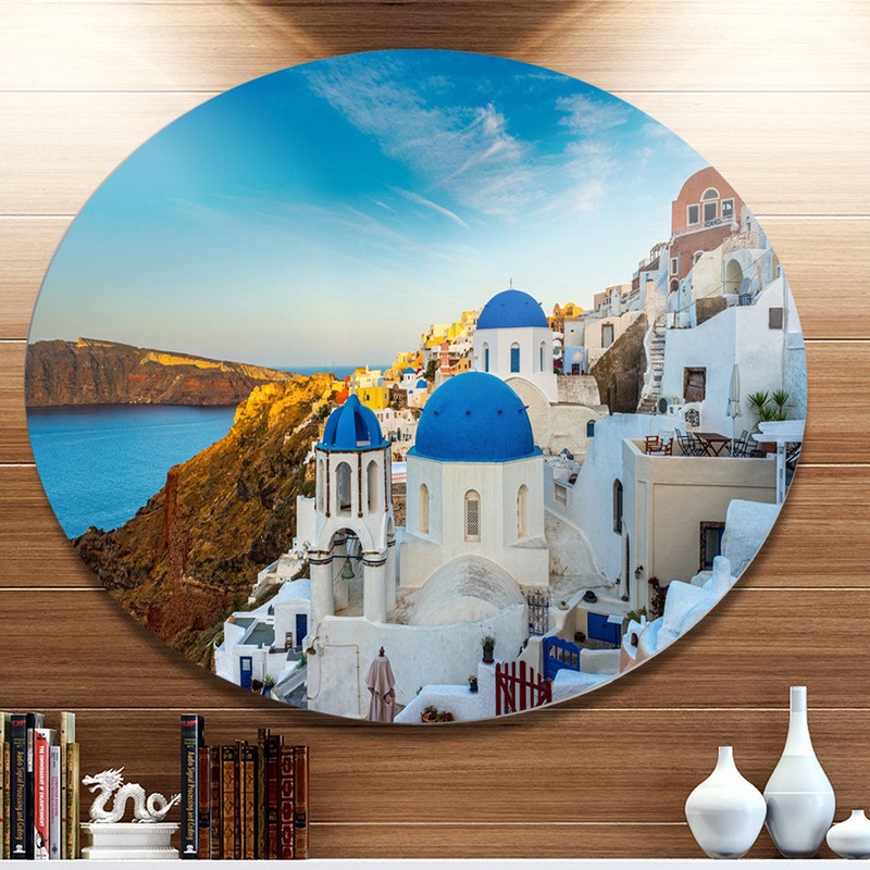 Beautiful Santorin Houses Greece’ Photograph East Urban Home Size: 23″ H x 23″ W x 1″ D Format: Metal