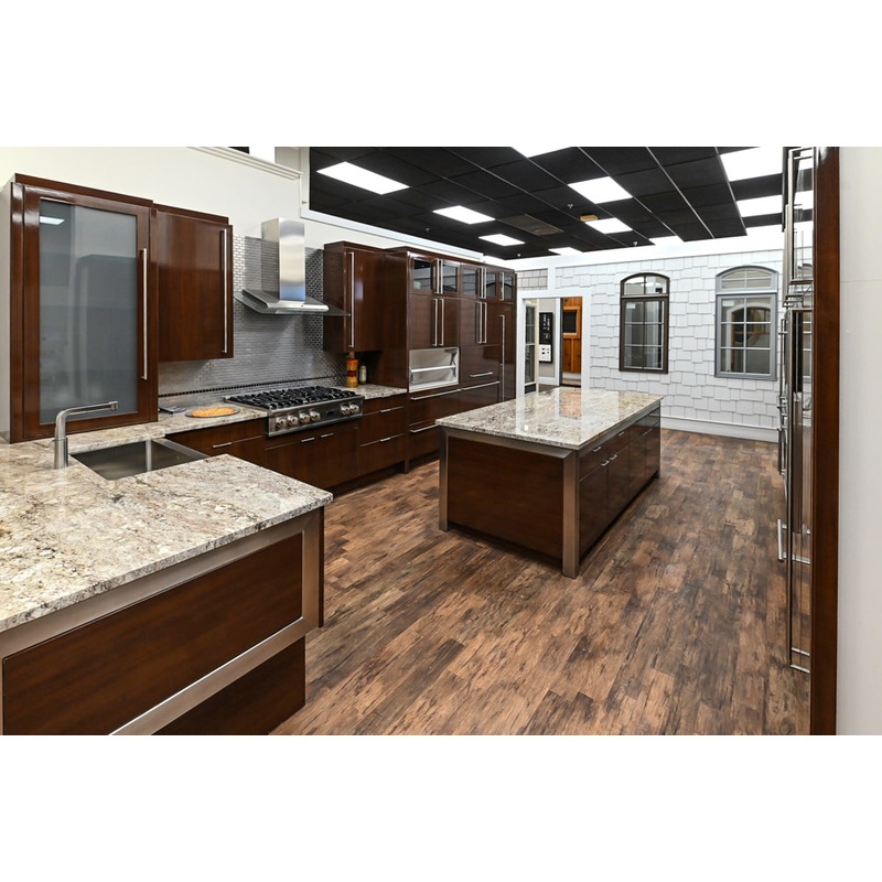 Downsview Glossy Brown Modern Kitchen with Island, Quartz Countertops and Wolf Appliances
