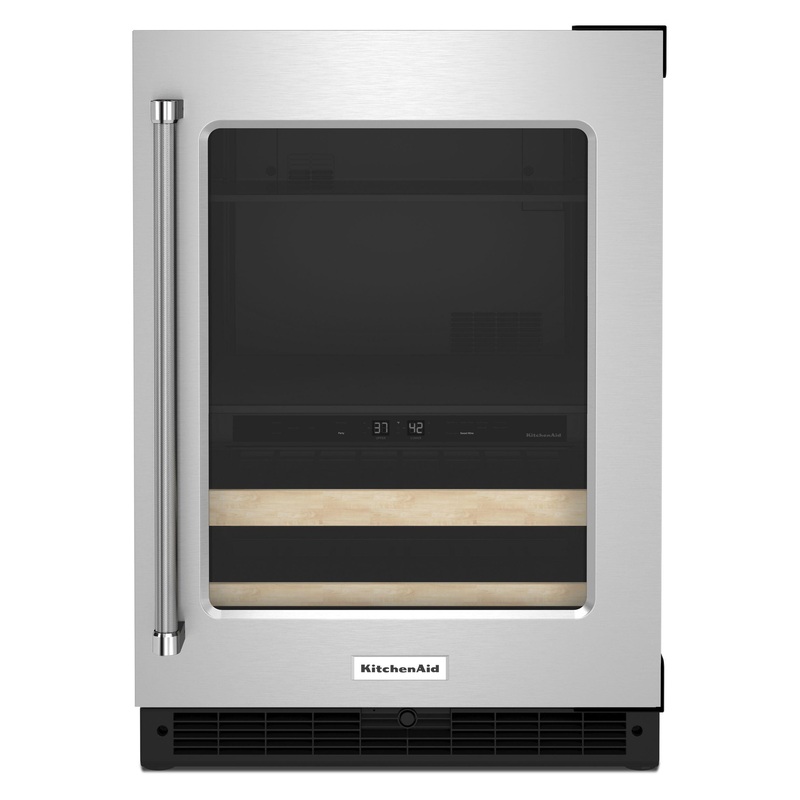 Kitchenaid KUBR214KSB 24″ Beverage Center With Glass Door And Wood-Front Racks – Black Cabinet/Stainless Doors