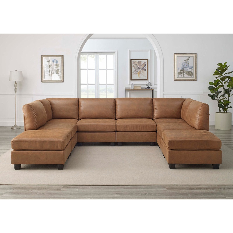 Barnwell 120″ Wide Faux Leather Modular Corner Sectional with Ottoman Three Posts Body Fabric: Ginger