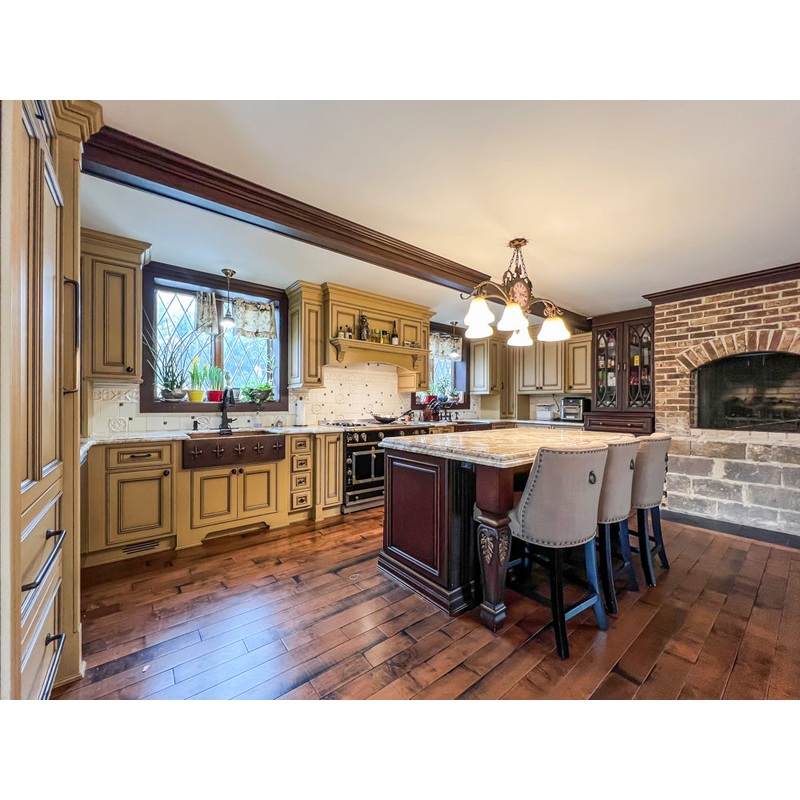 Traditional Creamy Brown Kitchen with Island, Marble Countertops and Appliances
