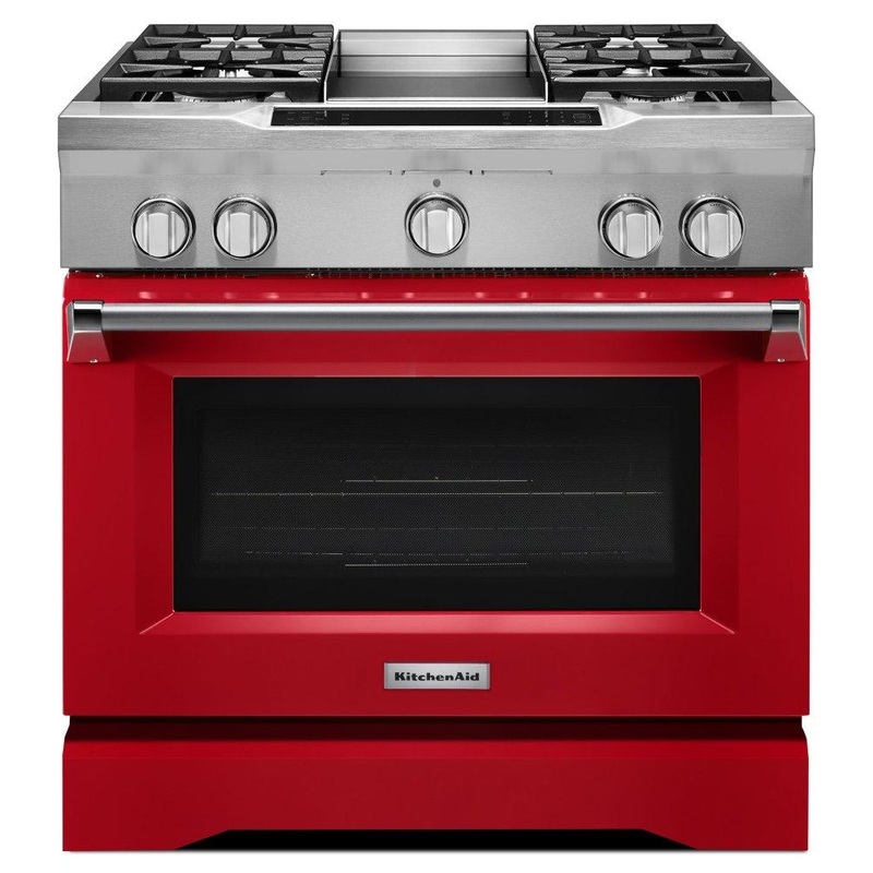 Kitchenaid KDRS463VSD 36” 4-Burner with Griddle, Dual Fuel Freestanding Range, Commercial-Style – Signature Red