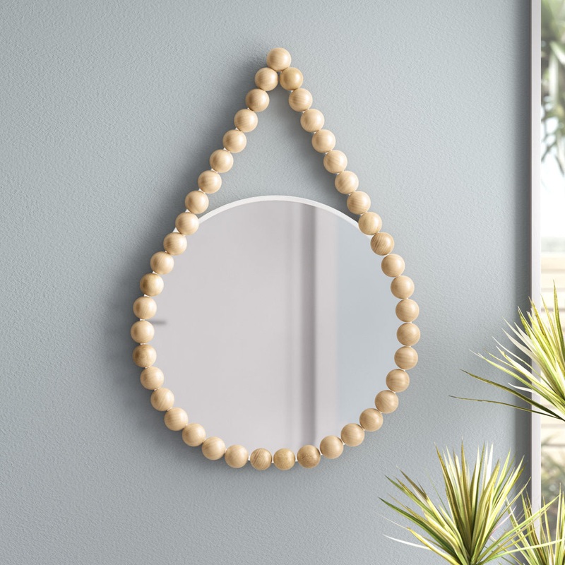 36″ Beaded Round Mirror Contemporary Boho Coastal White and Natural Hanging Wooden Wall Mirror Decor Mistana Teen