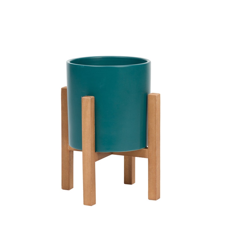 Surles Round Modern Ceramic Indoor Pot Planter with Wood Legs Mercury Row Color: Blue/Green Size: 13″ H x 9″ W x 9″ D