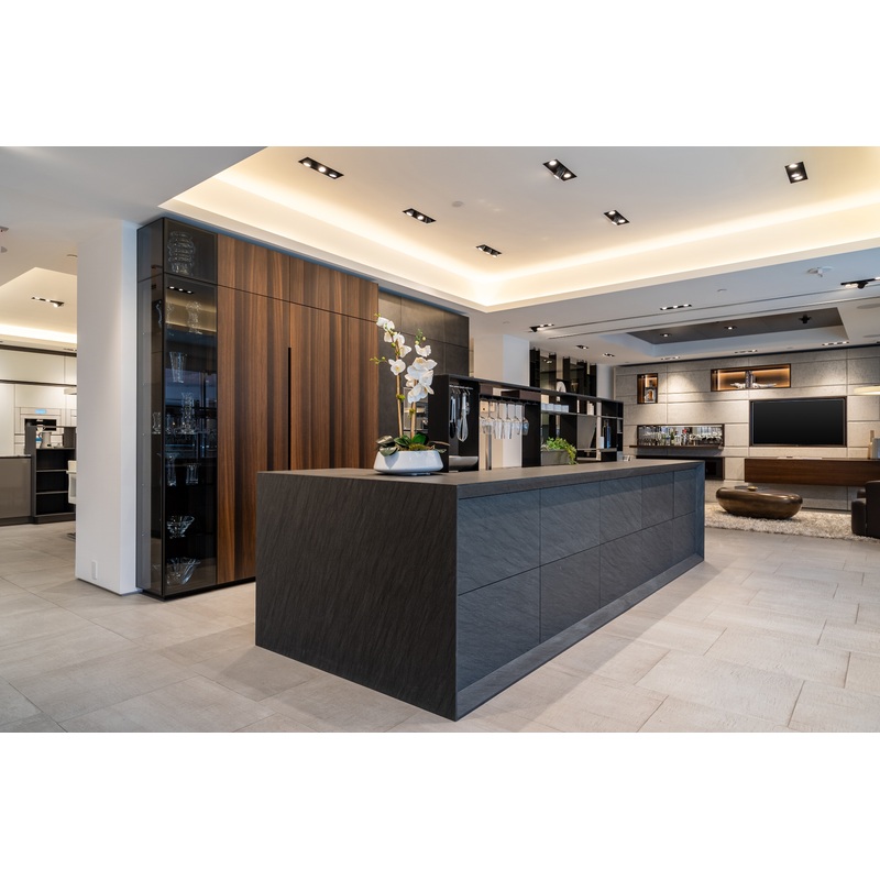 eggersmann Glance Glass and Carbono Stone Island Modern Smoked Oak Kitchen with Gaggenau Appliances