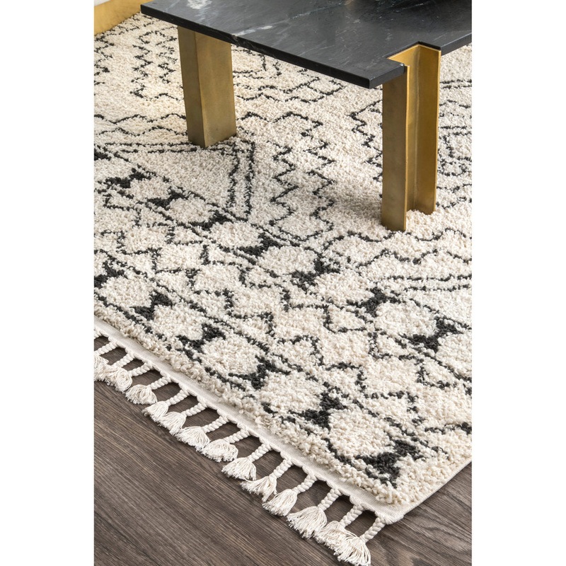 Adry Moroccan Shag Tasseled Cream/Charcoal Area Rug Union Rustic Rug Size: Rectangle 5’3″ x 7’7″