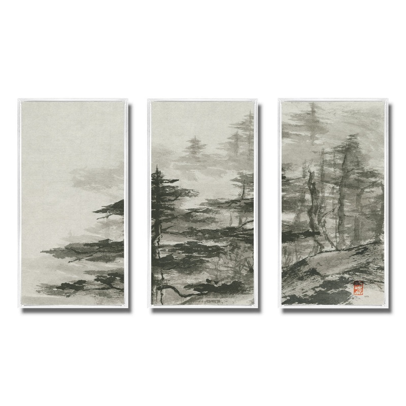 Asian Forest – Cabin & Lodge Framed Canvas Wall Art Set Of 3 Millwood Pines Frame Color: White Framed Size: 48″ W x 32″ H