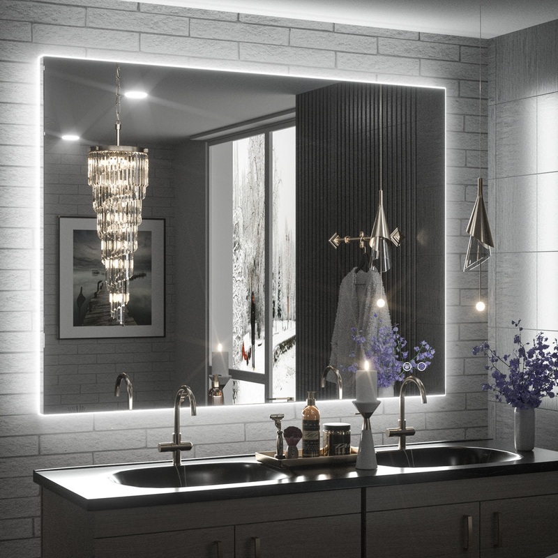 Adorna LED Backlit Frameless Lighted Bathroom Vanity Mirror Wall Mirror Dimmable Anti Fog Orren Ellis Size: 32″ x 40″