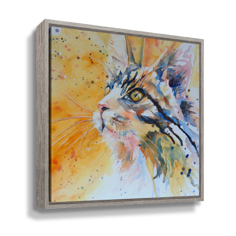 “Cat 9″ by Liz Chaderton Playful Cat Canvas Wall Art Latitude Run Size: 24″ H x 24″ W x 2” D Format: White Wash Floater Frame