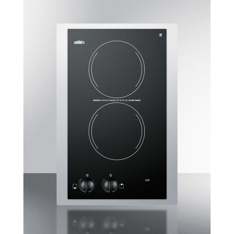 Summit CR2220TK15 230V European Two-Burner Radiant Cooktop In Black Glass With Stainless Steel Frame To Allow Installation In 15″ Wide Counter Cutouts
