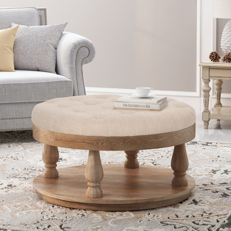Tawney 40″ Wide Tufted Round Cocktail Ottoman with Storage Rosalind Wheeler Leg Color: Weathered Body Fabric: Beige Fabric