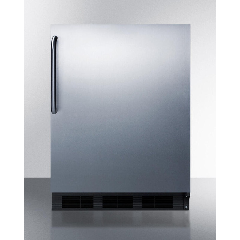 Summit FF63BBISSTB Built-In Undercounter All-Refrigerator For Residential Use, Auto Defrost With A Stainless Steel Wrapped Door, Towel Bar Handle, And Black Cabinet