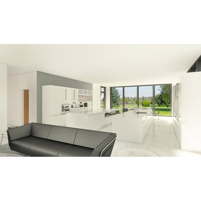 Poggenpohl Modern Polar White Glass Kitchen with Double Island and Gaggenau Appliances