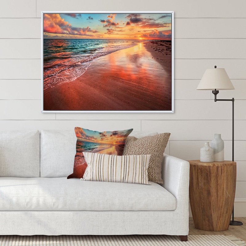 Sunset over an Ocean Beach Shore II – Photograph on Canvas East Urban Home Size: 30″ H x 40″ W x 1.5″ D Format: White Floater Framed